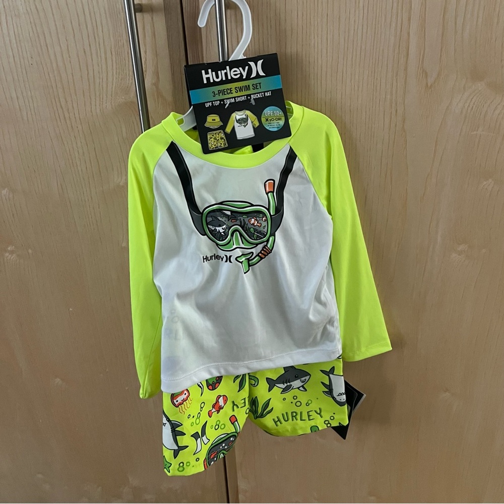 Hurley 24 month 3 piece UPF Swim  Set - Neon Yellow and White